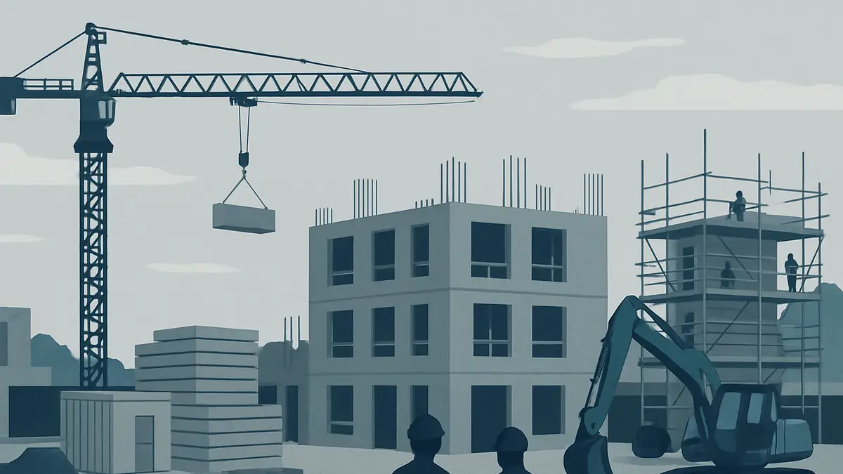 Chantier de bâtiment en Occitanie, vue d'ensemble sans personne au premier plan