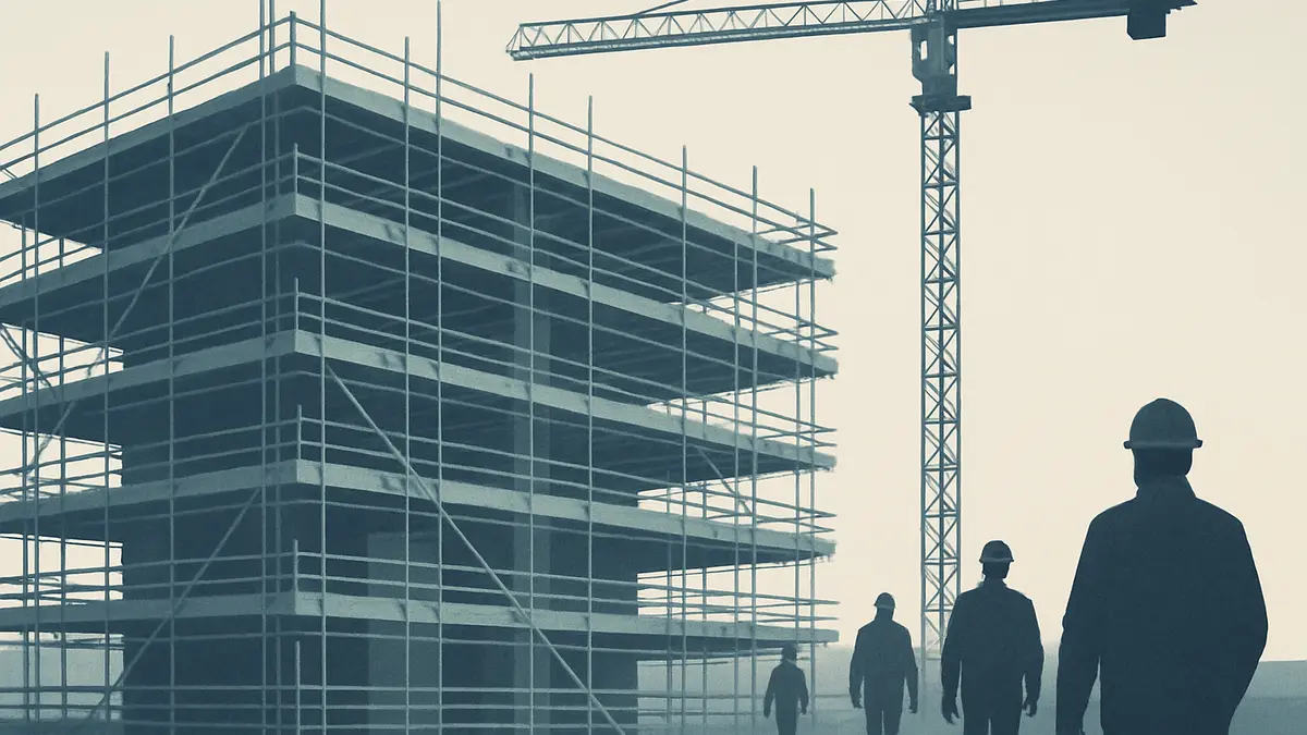 Chantier de bâtiment en construction avec échafaudages et grue, silhouettes lointaines de travailleurs au coucher du soleil.