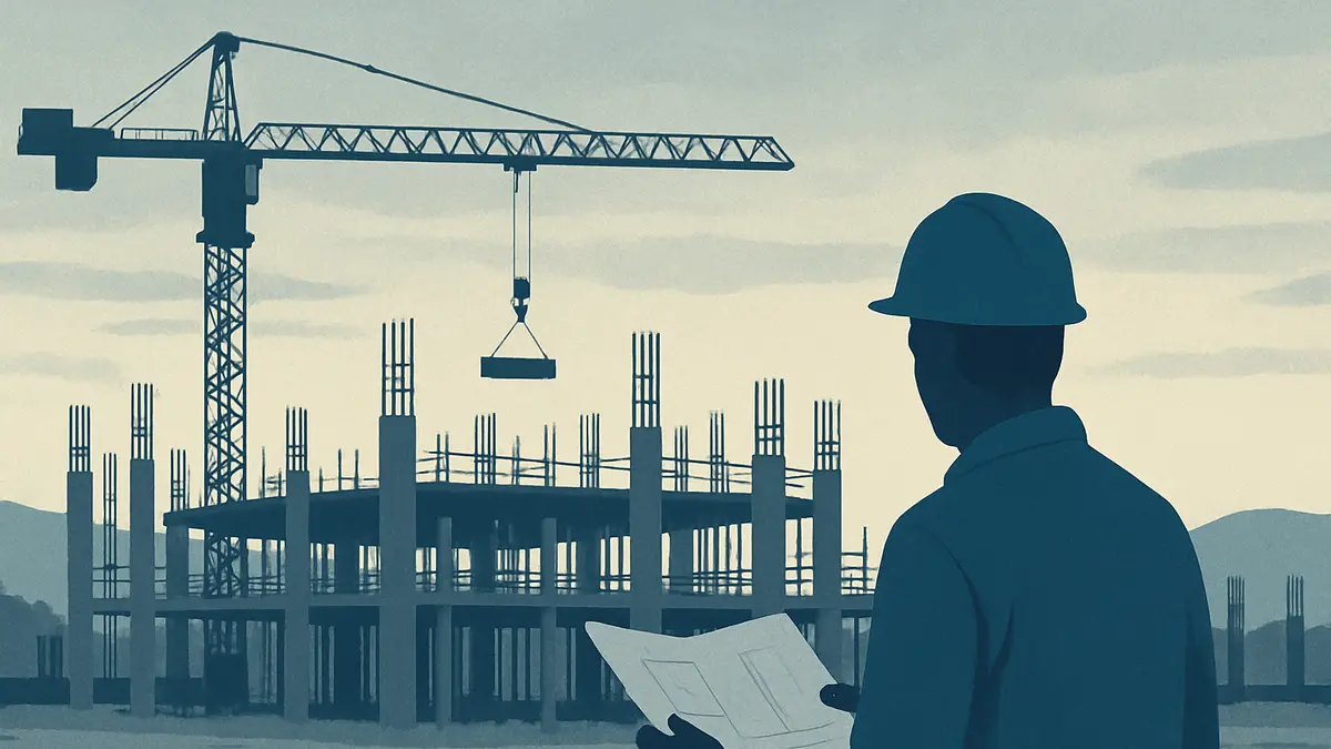 Chantier de construction au coucher du soleil avec une grue et une silhouette lointaine consultant des plans